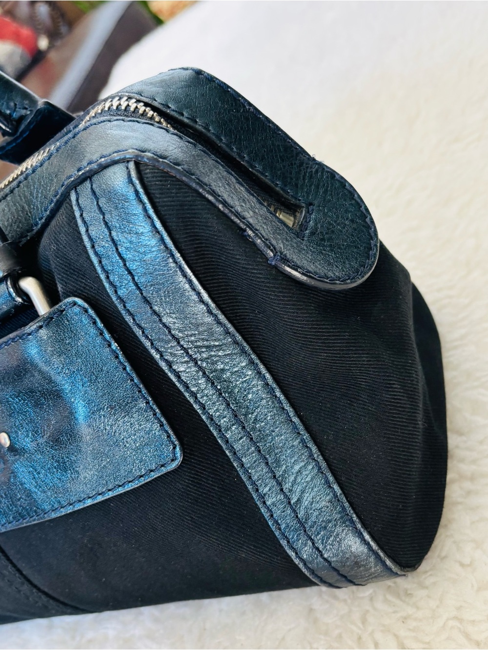 Chloe Metallic Blue Leather Black Canvas Handbag/Duffle Bag 12”x8”x7” - Picture 4 of 16